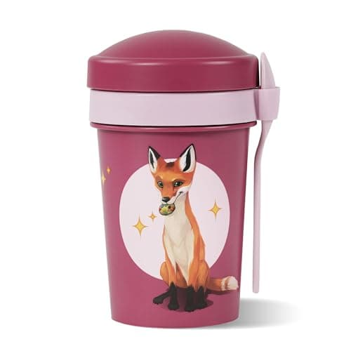 AWAVE Müslibecher To Go - Magische Tiere Schule 540 ml rPET Grün Henrietta, Joghurt-Früchte-Suppe Becher mit Löffel, Aus