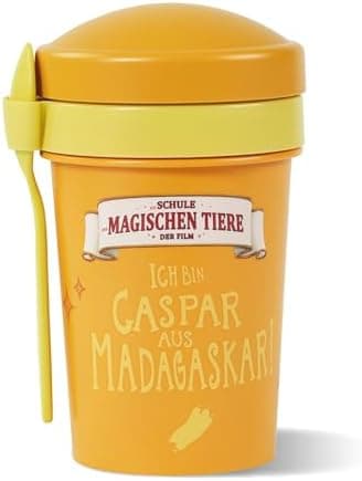 AWAVE Müslibecher To Go - Magische Tiere Schule 540 ml rPET Grün Henrietta, Joghurt-Früchte-Suppe Becher mit Löffel, Aus