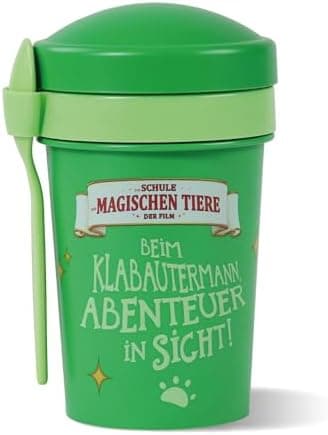 AWAVE Müslibecher To Go - Magische Tiere Schule 540 ml rPET Grün Henrietta, Joghurt-Früchte-Suppe Becher mit Löffel, Aus