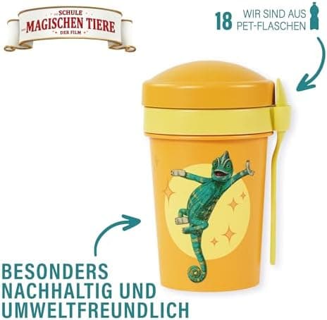 AWAVE Müslibecher To Go - Magische Tiere Schule 540 ml rPET Grün Henrietta, Joghurt-Früchte-Suppe Becher mit Löffel, Aus