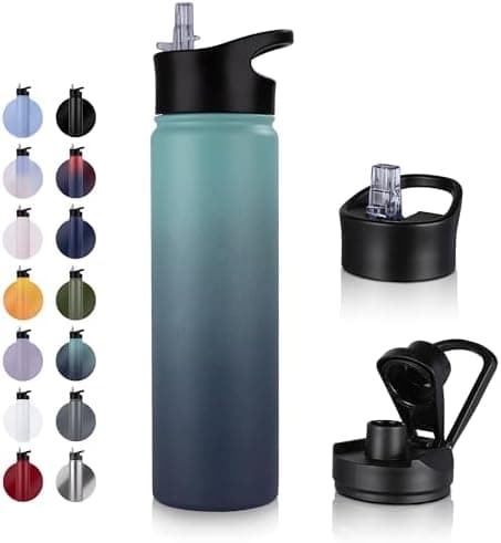 Edelstahl Trinkflasche - 1L - mit Strohhalm, BPA frei Thermosflasche,Vakuum Doppelwandisolierung für Sport,Schule und Fa