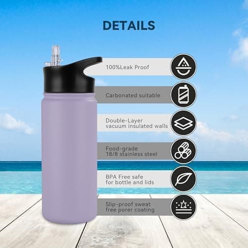 Edelstahl Trinkflasche - 1L - mit Strohhalm, BPA frei Thermosflasche,Vakuum Doppelwandisolierung für Sport,Schule und Fa