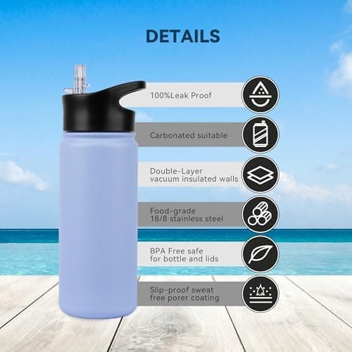 Edelstahl Trinkflasche - 1L - mit Strohhalm, BPA frei Thermosflasche,Vakuum Doppelwandisolierung für Sport,Schule und Fa