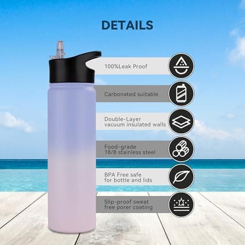 Edelstahl Trinkflasche - 1L - mit Strohhalm, BPA frei Thermosflasche,Vakuum Doppelwandisolierung für Sport,Schule und Fa