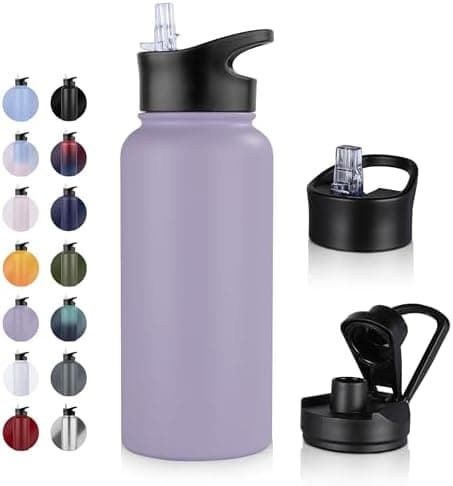 Edelstahl Trinkflasche - 1L - mit Strohhalm, BPA frei Thermosflasche,Vakuum Doppelwandisolierung für Sport,Schule und Fa