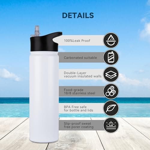 Edelstahl Trinkflasche - 1L - mit Strohhalm, BPA frei Thermosflasche,Vakuum Doppelwandisolierung für Sport,Schule und Fa