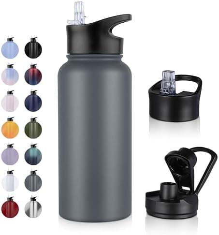 Edelstahl Trinkflasche - 1L - mit Strohhalm, BPA frei Thermosflasche,Vakuum Doppelwandisolierung für Sport,Schule und Fa