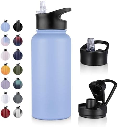 Edelstahl Trinkflasche - 1L - mit Strohhalm, BPA frei Thermosflasche,Vakuum Doppelwandisolierung für Sport,Schule und Fa