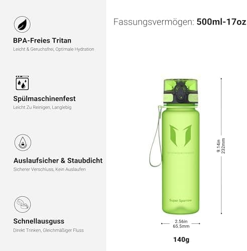 Super Sparrow BPA-frei Wasserflasche - 500ml - Ideale für Sport und Outdoor - Nachhaltig ClimatePartner certified