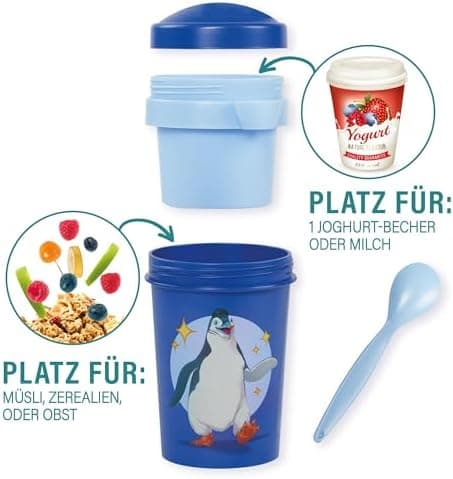 AWAVE Müslibecher To Go - Magische Tiere Schule 540 ml rPET Grün Henrietta, Joghurt-Früchte-Suppe Becher mit Löffel, Aus