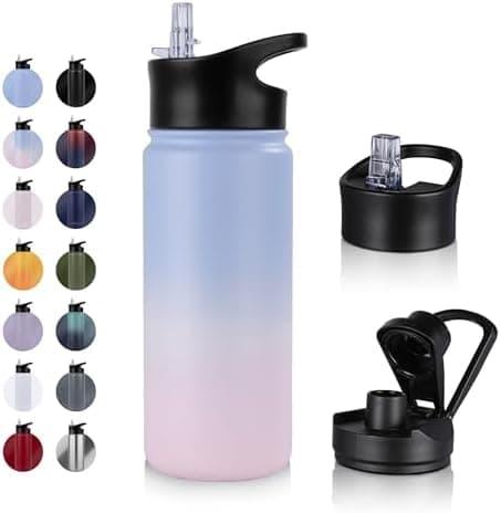 Edelstahl Trinkflasche - 1L - mit Strohhalm, BPA frei Thermosflasche,Vakuum Doppelwandisolierung für Sport,Schule und Fa