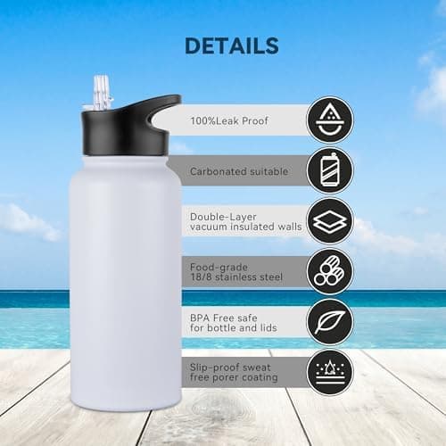 Edelstahl Trinkflasche - 1L - mit Strohhalm, BPA frei Thermosflasche,Vakuum Doppelwandisolierung für Sport,Schule und Fa