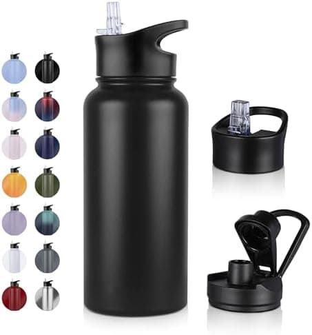 Edelstahl Trinkflasche - 1L - mit Strohhalm, BPA frei Thermosflasche,Vakuum Doppelwandisolierung für Sport,Schule und Fa