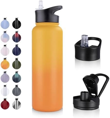 Edelstahl Trinkflasche - 1L - mit Strohhalm, BPA frei Thermosflasche,Vakuum Doppelwandisolierung für Sport,Schule und Fa