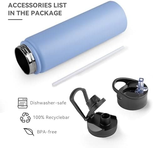 Edelstahl Trinkflasche - 1L - mit Strohhalm, BPA frei Thermosflasche,Vakuum Doppelwandisolierung für Sport,Schule und Fa