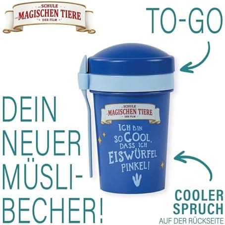 AWAVE Müslibecher To Go - Magische Tiere Schule 540 ml rPET Grün Henrietta, Joghurt-Früchte-Suppe Becher mit Löffel, Aus