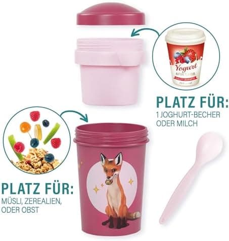 AWAVE Müslibecher To Go - Magische Tiere Schule 540 ml rPET Grün Henrietta, Joghurt-Früchte-Suppe Becher mit Löffel, Aus