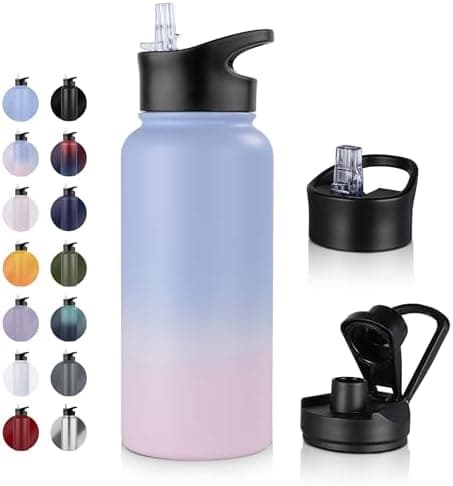 Edelstahl Trinkflasche - 1L - mit Strohhalm, BPA frei Thermosflasche,Vakuum Doppelwandisolierung für Sport,Schule und Fa