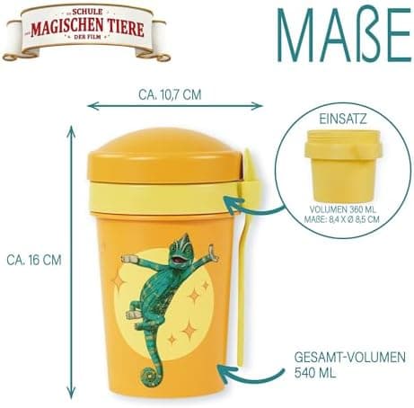 AWAVE Müslibecher To Go - Magische Tiere Schule 540 ml rPET Grün Henrietta, Joghurt-Früchte-Suppe Becher mit Löffel, Aus