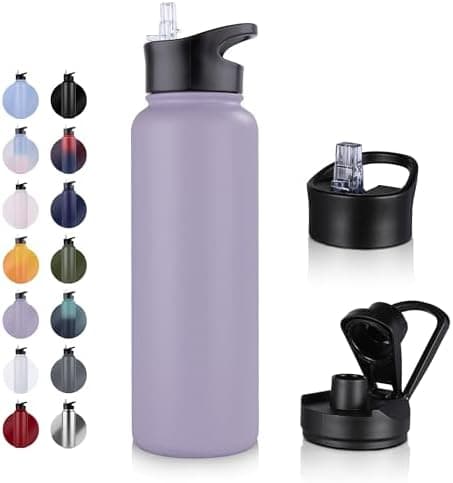 Edelstahl Trinkflasche - 1L - mit Strohhalm, BPA frei Thermosflasche,Vakuum Doppelwandisolierung für Sport,Schule und Fa