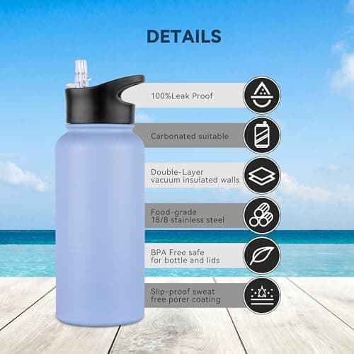 Edelstahl Trinkflasche - 1L - mit Strohhalm, BPA frei Thermosflasche,Vakuum Doppelwandisolierung für Sport,Schule und Fa