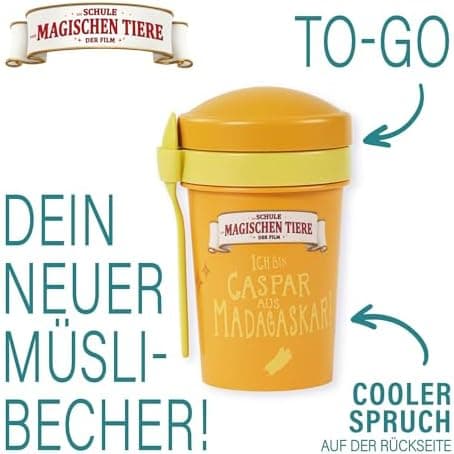 AWAVE Müslibecher To Go - Magische Tiere Schule 540 ml rPET Grün Henrietta, Joghurt-Früchte-Suppe Becher mit Löffel, Aus