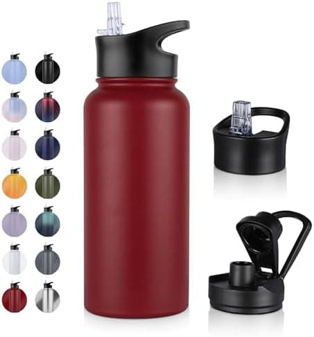 Edelstahl Trinkflasche - 1L - mit Strohhalm, BPA frei Thermosflasche,Vakuum Doppelwandisolierung für Sport,Schule und Fa