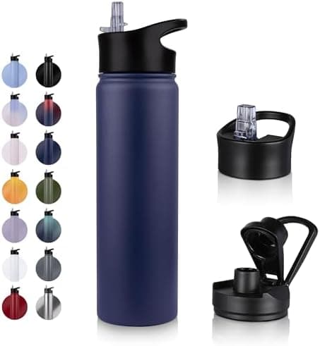 Edelstahl Trinkflasche - 1L - mit Strohhalm, BPA frei Thermosflasche,Vakuum Doppelwandisolierung für Sport,Schule und Fa