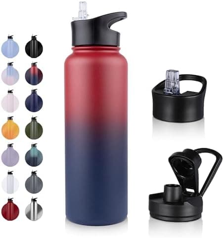 Edelstahl Trinkflasche - 1L - mit Strohhalm, BPA frei Thermosflasche,Vakuum Doppelwandisolierung für Sport,Schule und Fa