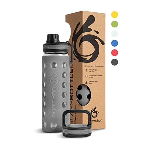Hydro2go Glas-Trinkflasche mit Silikonhülle – Spülmaschinenfest, 100% Auslaufsicher & BPA-frei – Ideal für Kinder & Fami