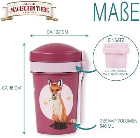 AWAVE Müslibecher To Go - Magische Tiere Schule 540 ml rPET Grün Henrietta, Joghurt-Früchte-Suppe Becher mit Löffel, Aus