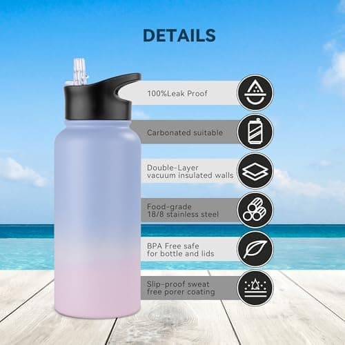 Edelstahl Trinkflasche - 1L - mit Strohhalm, BPA frei Thermosflasche,Vakuum Doppelwandisolierung für Sport,Schule und Fa