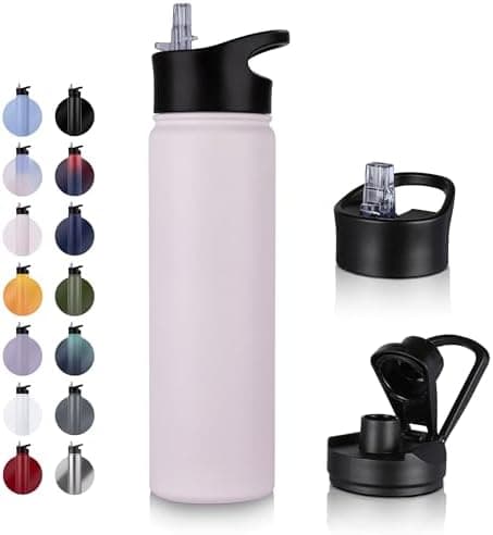 Edelstahl Trinkflasche - 1L - mit Strohhalm, BPA frei Thermosflasche,Vakuum Doppelwandisolierung für Sport,Schule und Fa