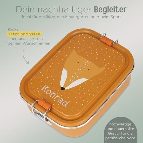 Wunderwunsch TRIXIE Edelstahl Lunchbox für Kinder, individuell mit deinem Namen persönliche Fuchslunchbox, perfekt zur E