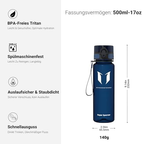 Super Sparrow BPA-frei Wasserflasche - 500ml - Ideale für Sport und Outdoor - Nachhaltig ClimatePartner certified