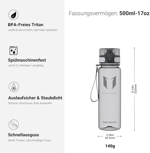 Super Sparrow BPA-frei Wasserflasche - 500ml - Ideale für Sport und Outdoor - Nachhaltig ClimatePartner certified