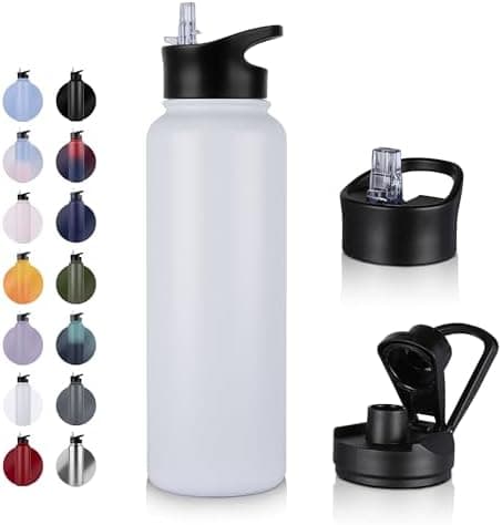 Edelstahl Trinkflasche - 1L - mit Strohhalm, BPA frei Thermosflasche,Vakuum Doppelwandisolierung für Sport,Schule und Fa