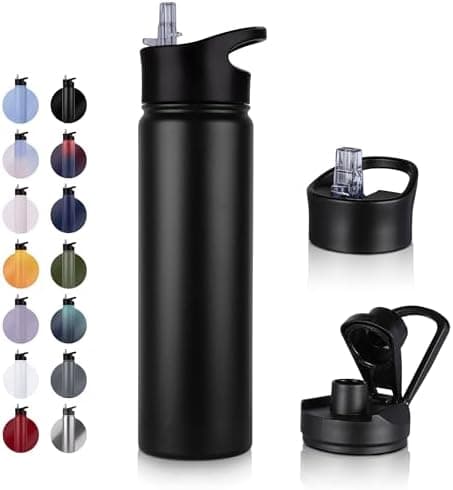 Edelstahl Trinkflasche - 1L - mit Strohhalm, BPA frei Thermosflasche,Vakuum Doppelwandisolierung für Sport,Schule und Fa
