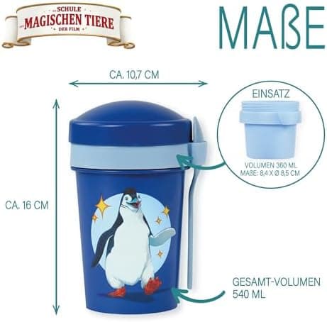 AWAVE Müslibecher To Go - Magische Tiere Schule 540 ml rPET Grün Henrietta, Joghurt-Früchte-Suppe Becher mit Löffel, Aus