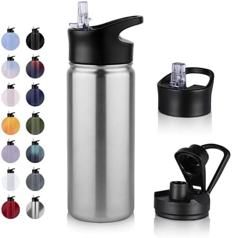 Edelstahl Trinkflasche - 1L - mit Strohhalm, BPA frei Thermosflasche,Vakuum Doppelwandisolierung für Sport,Schule und Fa