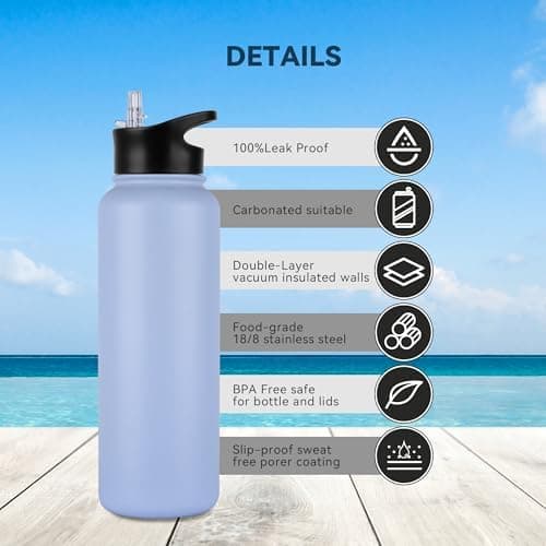 Edelstahl Trinkflasche - 1L - mit Strohhalm, BPA frei Thermosflasche,Vakuum Doppelwandisolierung für Sport,Schule und Fa