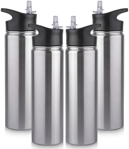 Edelstahl Trinkflasche - 1L - mit Strohhalm, BPA frei Thermosflasche,Vakuum Doppelwandisolierung für Sport,Schule und Fa