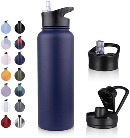 Edelstahl Trinkflasche - 1L - mit Strohhalm, BPA frei Thermosflasche,Vakuum Doppelwandisolierung für Sport,Schule und Fa
