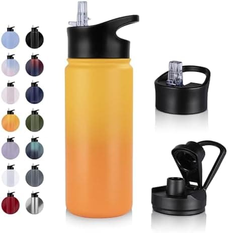 Edelstahl Trinkflasche - 1L - mit Strohhalm, BPA frei Thermosflasche,Vakuum Doppelwandisolierung für Sport,Schule und Fa