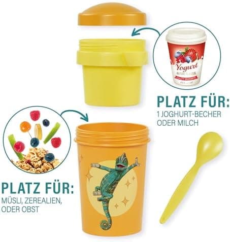 AWAVE Müslibecher To Go - Magische Tiere Schule 540 ml rPET Grün Henrietta, Joghurt-Früchte-Suppe Becher mit Löffel, Aus