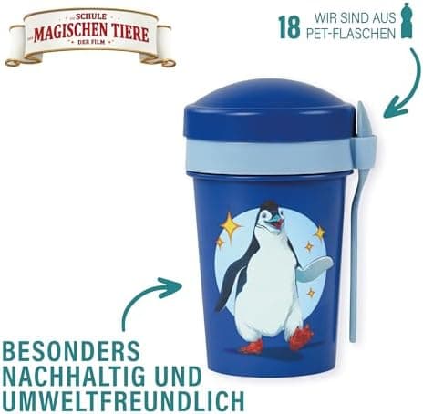 AWAVE Müslibecher To Go - Magische Tiere Schule 540 ml rPET Grün Henrietta, Joghurt-Früchte-Suppe Becher mit Löffel, Aus