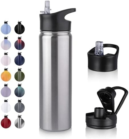 Edelstahl Trinkflasche - 1L - mit Strohhalm, BPA frei Thermosflasche,Vakuum Doppelwandisolierung für Sport,Schule und Fa
