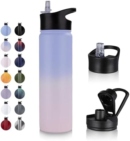 Edelstahl Trinkflasche - 1L - mit Strohhalm, BPA frei Thermosflasche,Vakuum Doppelwandisolierung für Sport,Schule und Fa