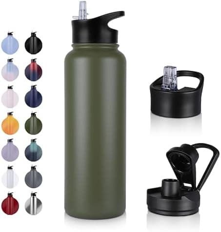 Edelstahl Trinkflasche - 1L - mit Strohhalm, BPA frei Thermosflasche,Vakuum Doppelwandisolierung für Sport,Schule und Fa