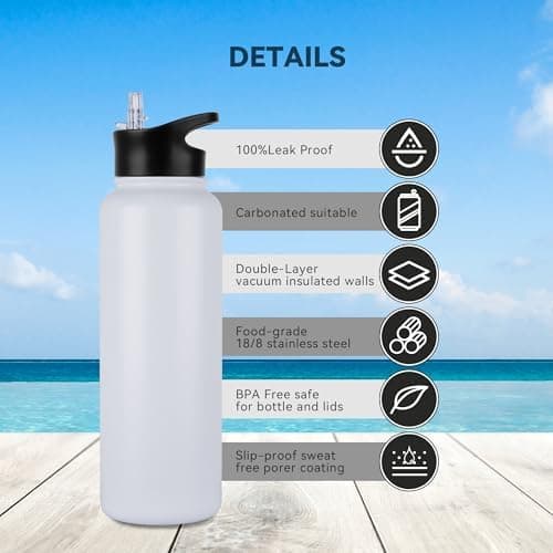 Edelstahl Trinkflasche - 1L - mit Strohhalm, BPA frei Thermosflasche,Vakuum Doppelwandisolierung für Sport,Schule und Fa
